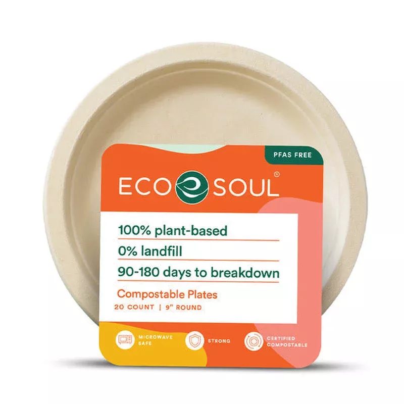 EcoSoul 9 inch Plant-Based Compostable Plates 20 Count